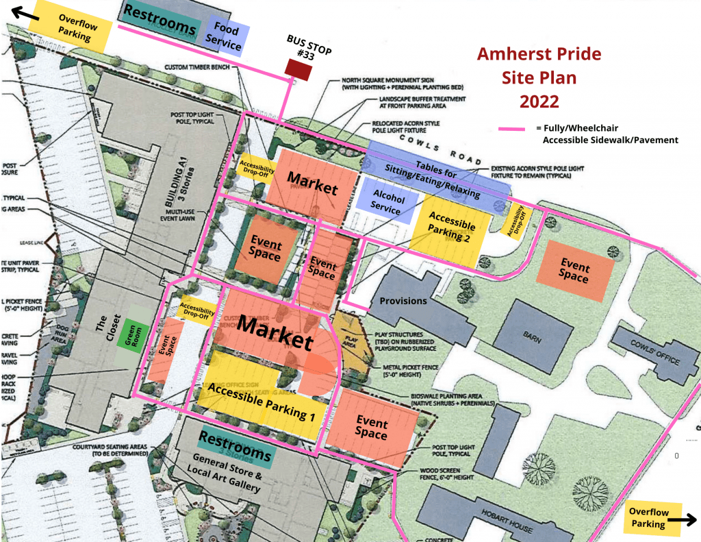 A colorful map shows the accessibility of the event area - with demarcation of sidewalks that are wheelchair and low-mobility accessible. It shows drop off zones and the map of activity.